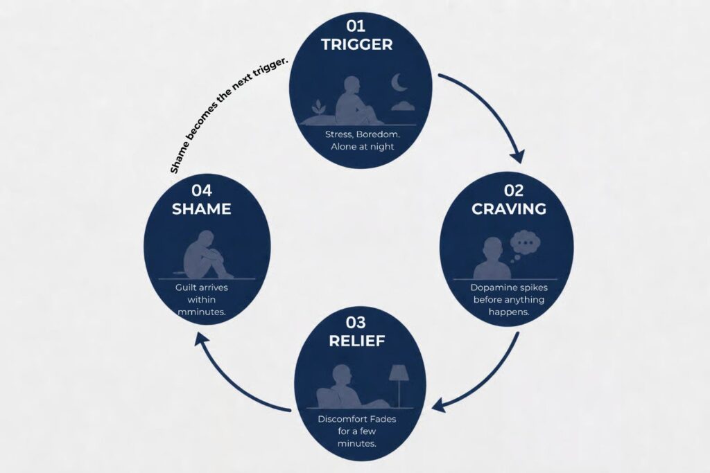 Circular diagram of the porn habit loop where shame feeds back into the trigger