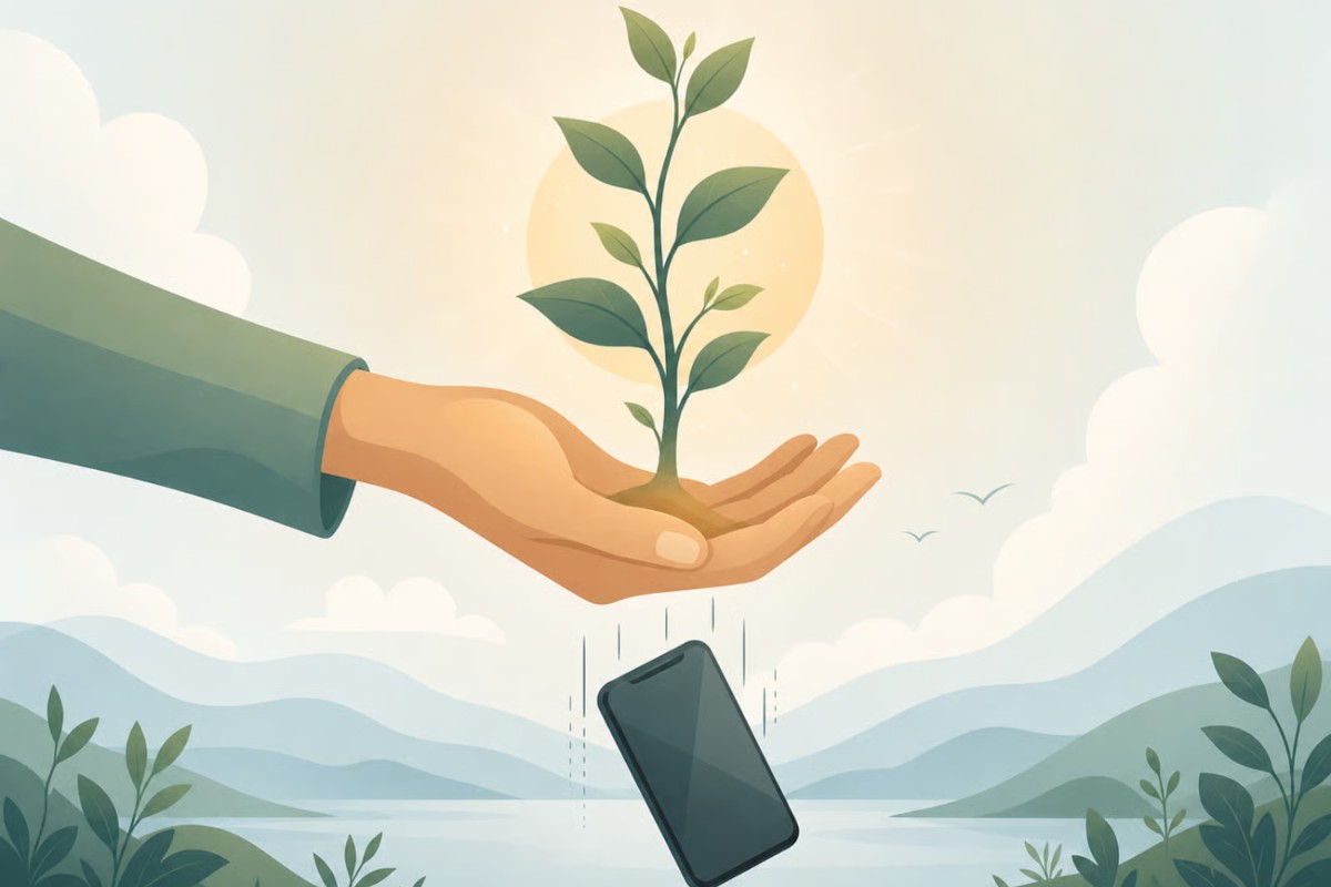 Growth After Letting Go A hand releasing a phone while a small plant grows upward from the same hand, symbolizing letting go and new growth