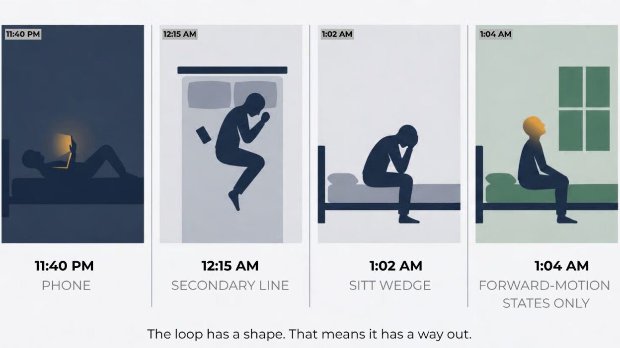 Four-panel visual story of the late-night porn cycle ending with a turn toward morning